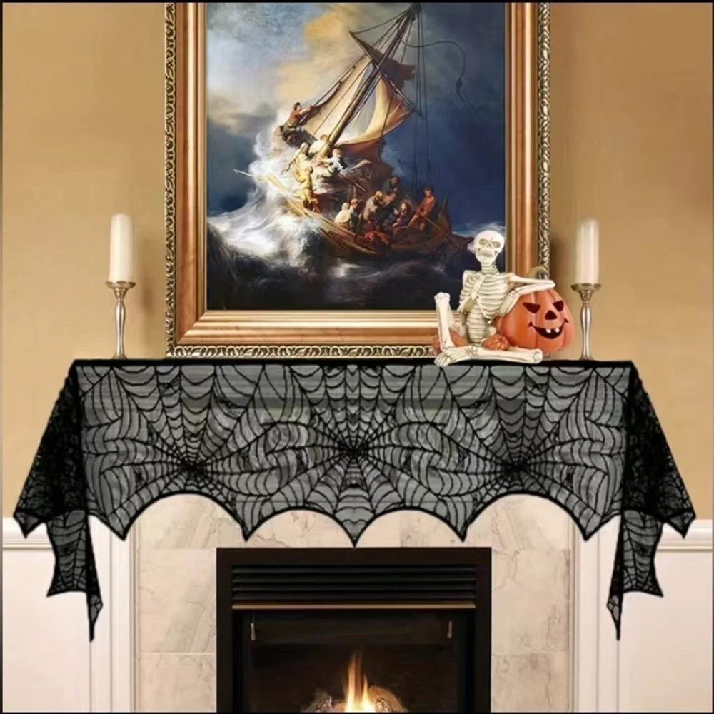 Halloween Mantle Decor Fireplace Cover Spiderweb Trick Or Treat Scary Spooky